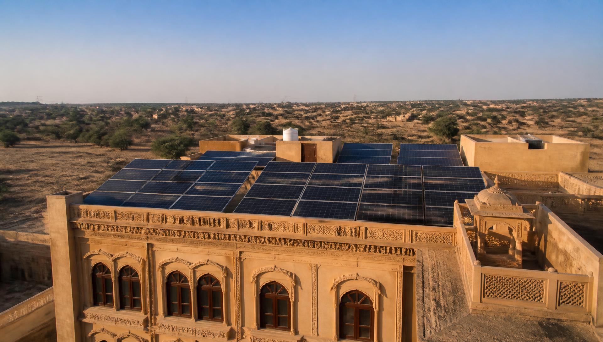Solar panels on a Rajasthani home rooftop at golden hour