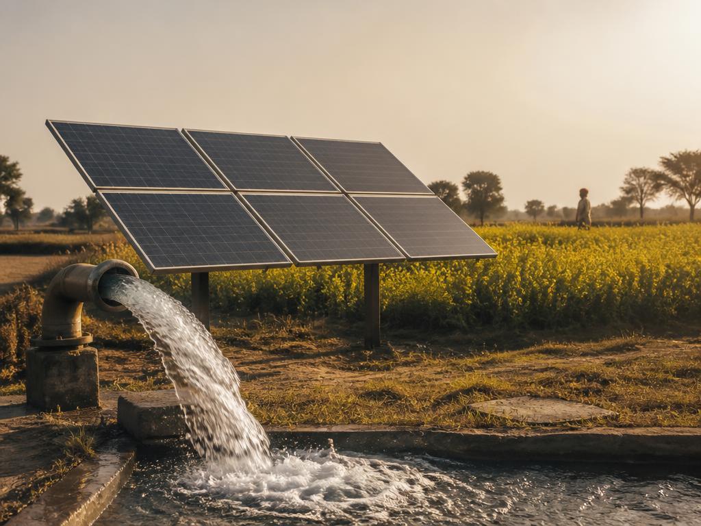 Solar water pump running in a mustard field in rural Rajasthan