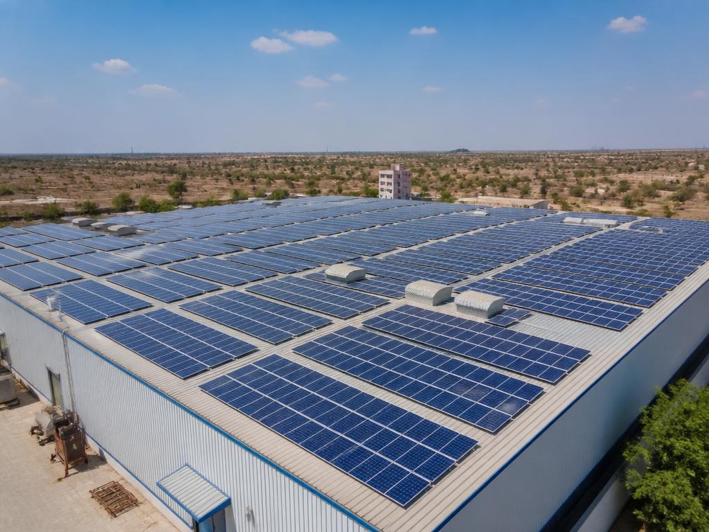 Large rooftop solar plant on an industrial shed in Rajasthan