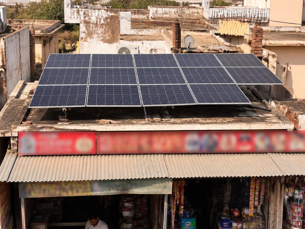 Solar panels fitted above a small shop in a Rajasthan town market
